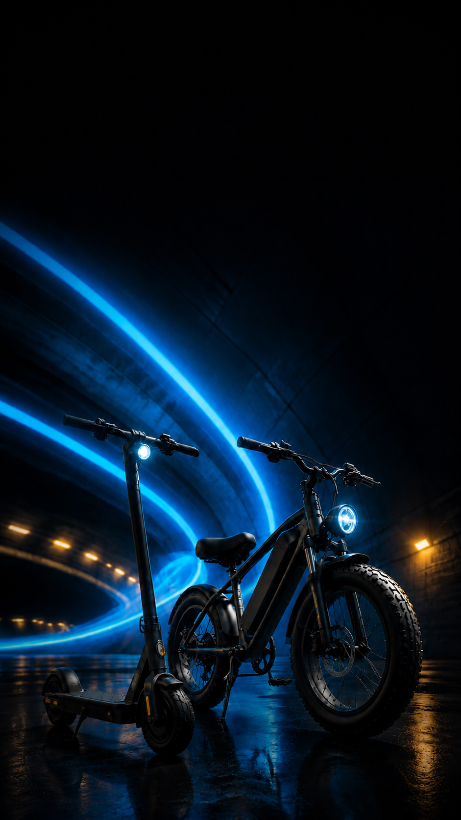Bicicleta elétrica e scooter em um túnel iluminado
